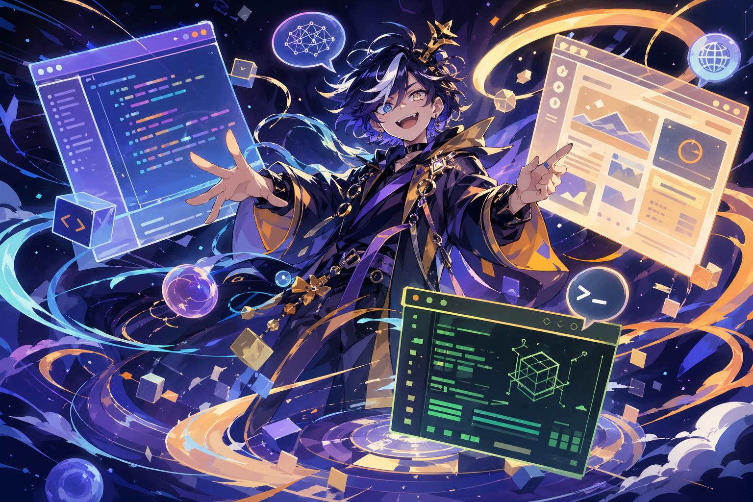AIエージェントが複数のツール(コードエディタ・ブラウザ・ターミナル)を横断して自律的に作業する様子を抽象的に表現した章扉イラスト