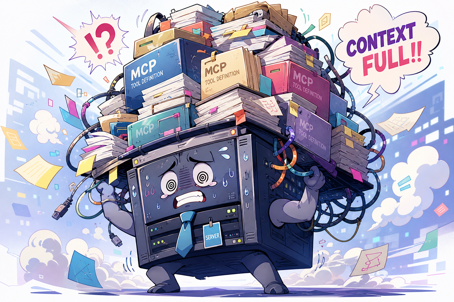 MCPツール定義が山積みになってコンテキストが詰まっているサーバーの擬人化イラスト。荷物を抱えすぎて重そうなサーバーキャラクター、デジタルアート風、チャーミングな雰囲気