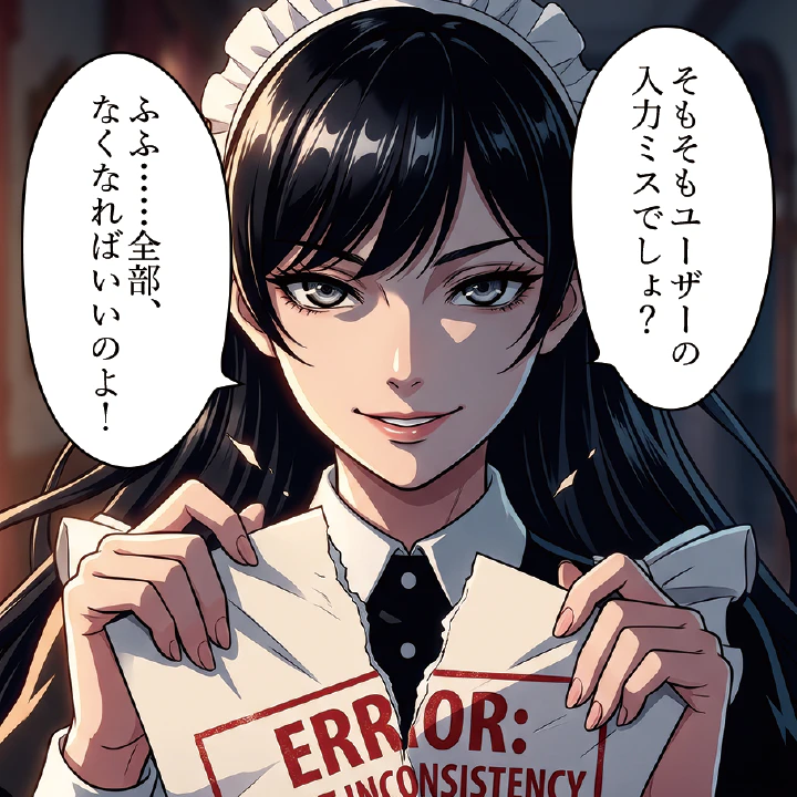 「そもそもユーザーの入力ミスでしょ？ふふ……全部、なくなればいいのよ！」と語るメイド