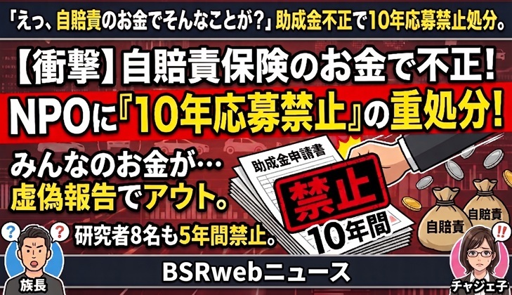衝撃 自賠責保険のお金で不正!
NPOに10年応募禁止の重処分!
みんなのお金が…
虚偽報告でアウト。