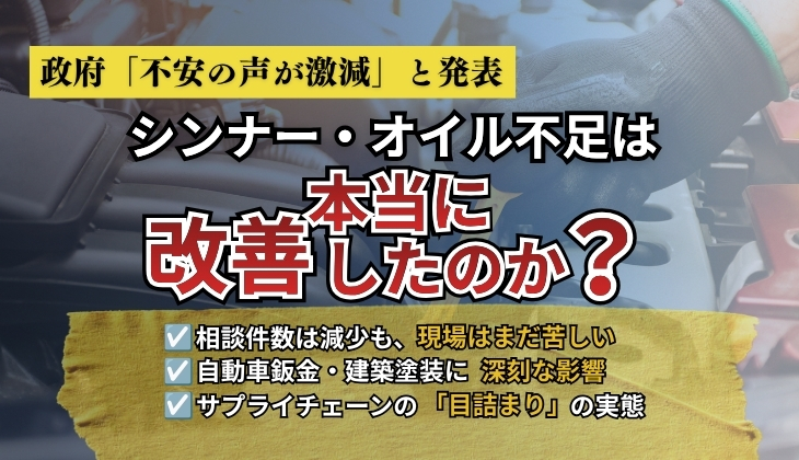 政府「不安の声が激減」と発表
シンナー・オイル不足は
本当に改善したのか？
相談件数は減少も、現場はまだ苦しい
自動車鈑金・建築塗装に深刻な影響
サプライチェーンの「目詰まり」の実態