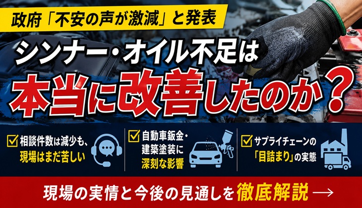 政府「不安の声が激減」と発表
シンナー・オイル不足は
本当に改善したのか？
相談件数は減少も、現場はまだ苦しい
自動車鈑金・建築塗装に深刻な影響
サプライチェーンの「目詰まり」の実態