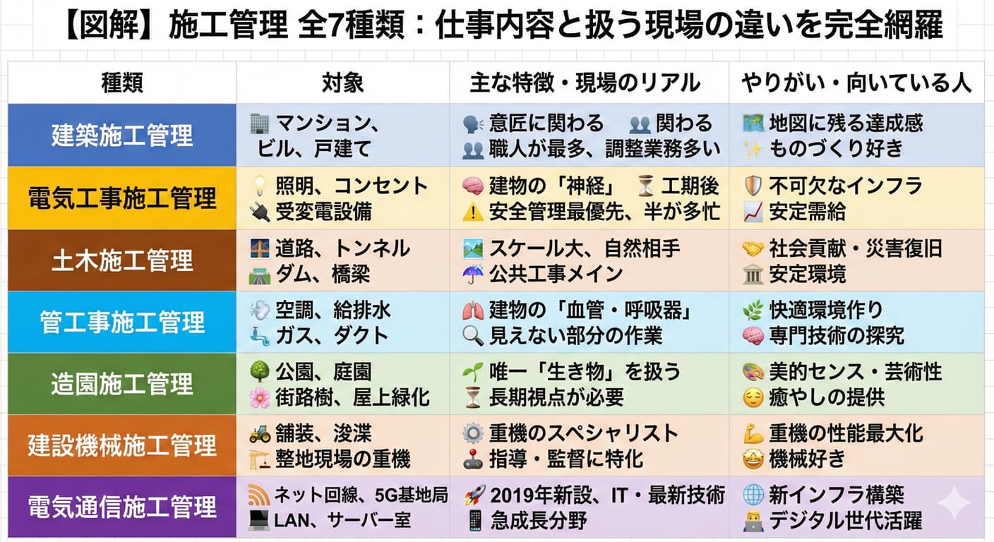 施工管理の全7種類(建築・電気工事・土木・管工事・造園・建設機械・電気通信)の仕事内容や扱う現場の違いをまとめた図解。それぞれの対象物、現場の特徴、やりがいや向いている人を一覧表で比較している。