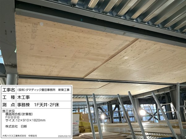 オフィス棟（M1-House）合成床下面の構造用合板の施工　Photo:大和ハウス工業