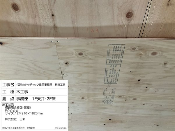 オフィス棟（M1-House）合成床下面の構造用合板の施工　Photo:大和ハウス工業