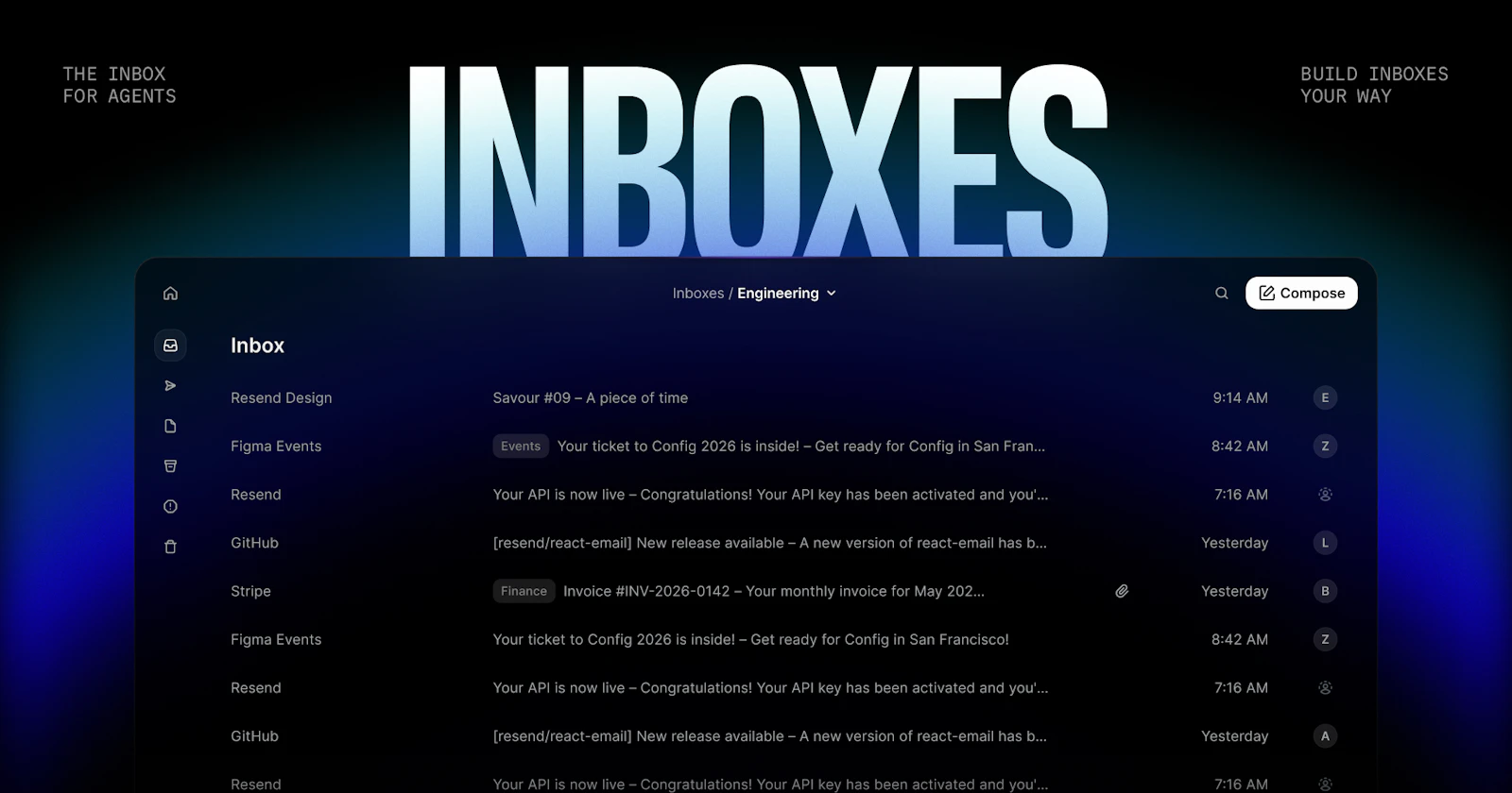 Resend Inboxesの公式発表画像。Engineering受信箱のUIを掲載。