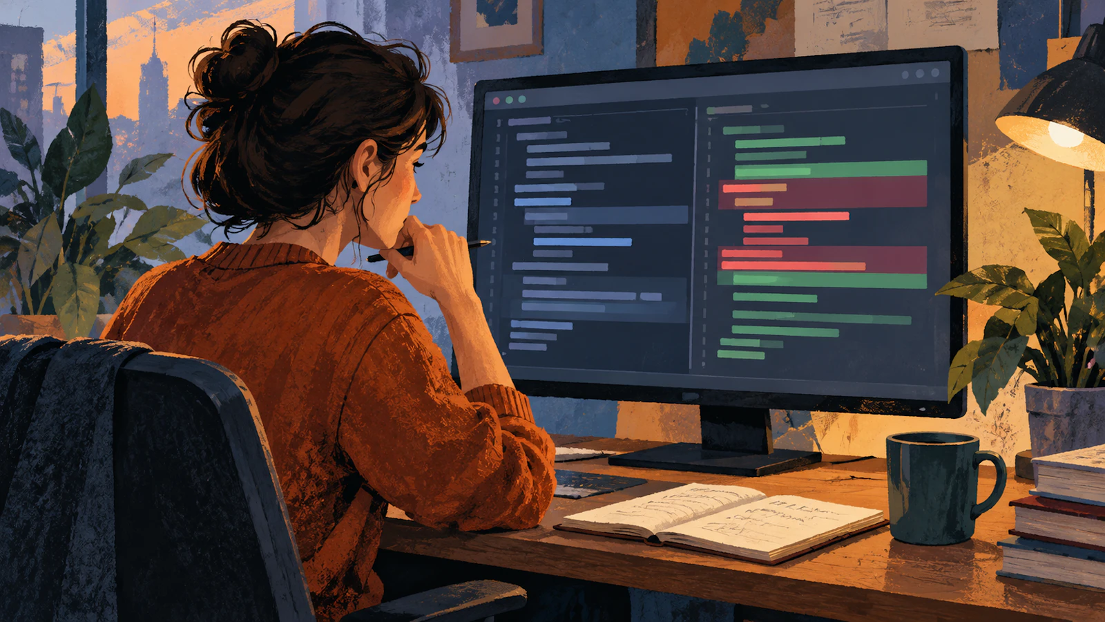 変更されたコードを人がレビューする概念イラスト