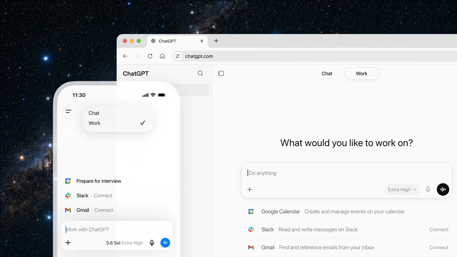 ChatGPT WorkのWeb・モバイル版とGoogle Calendar、Slack、Gmailの連携画面