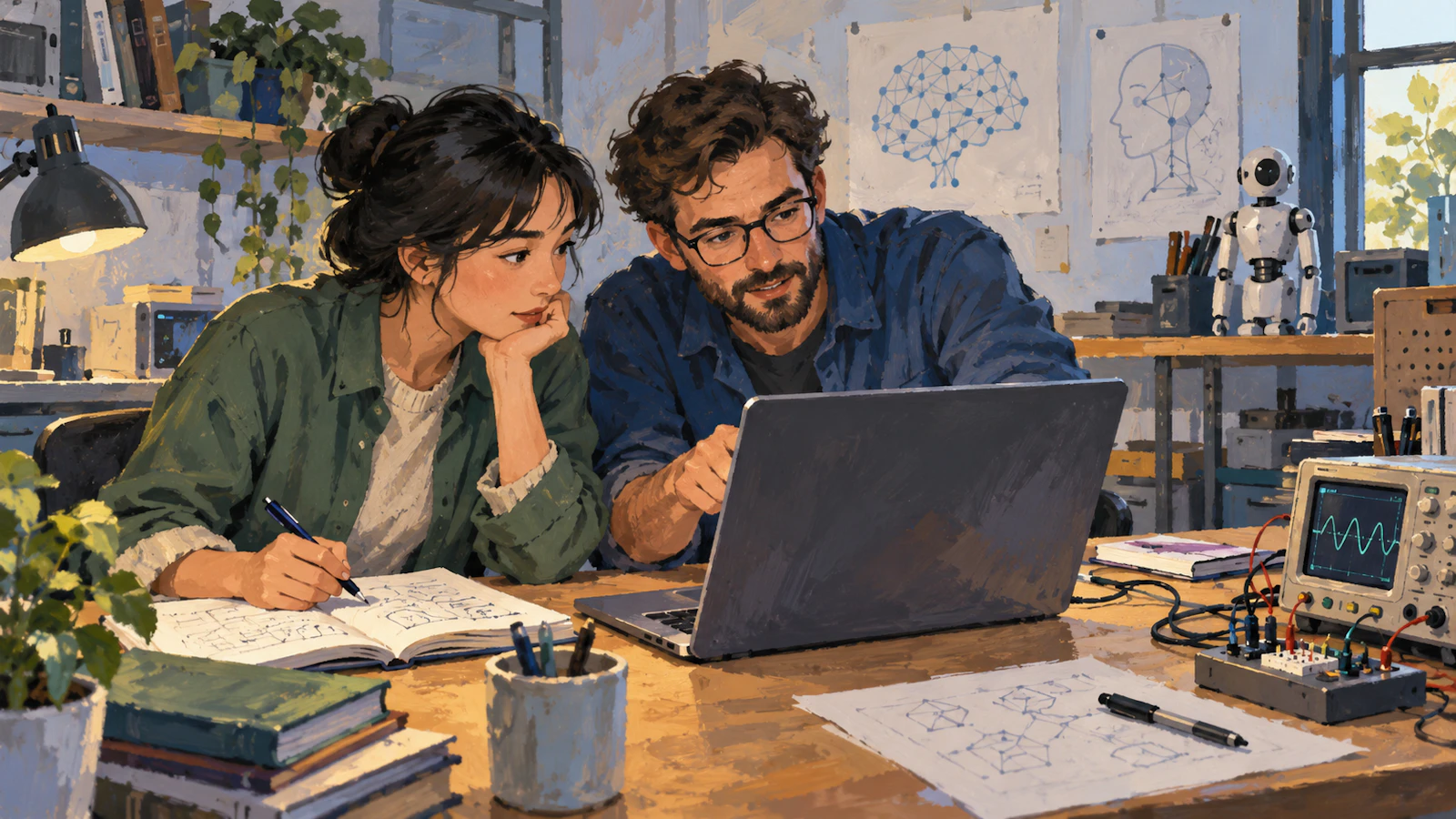 ノートパソコンでAIを検証する技術者のイラスト