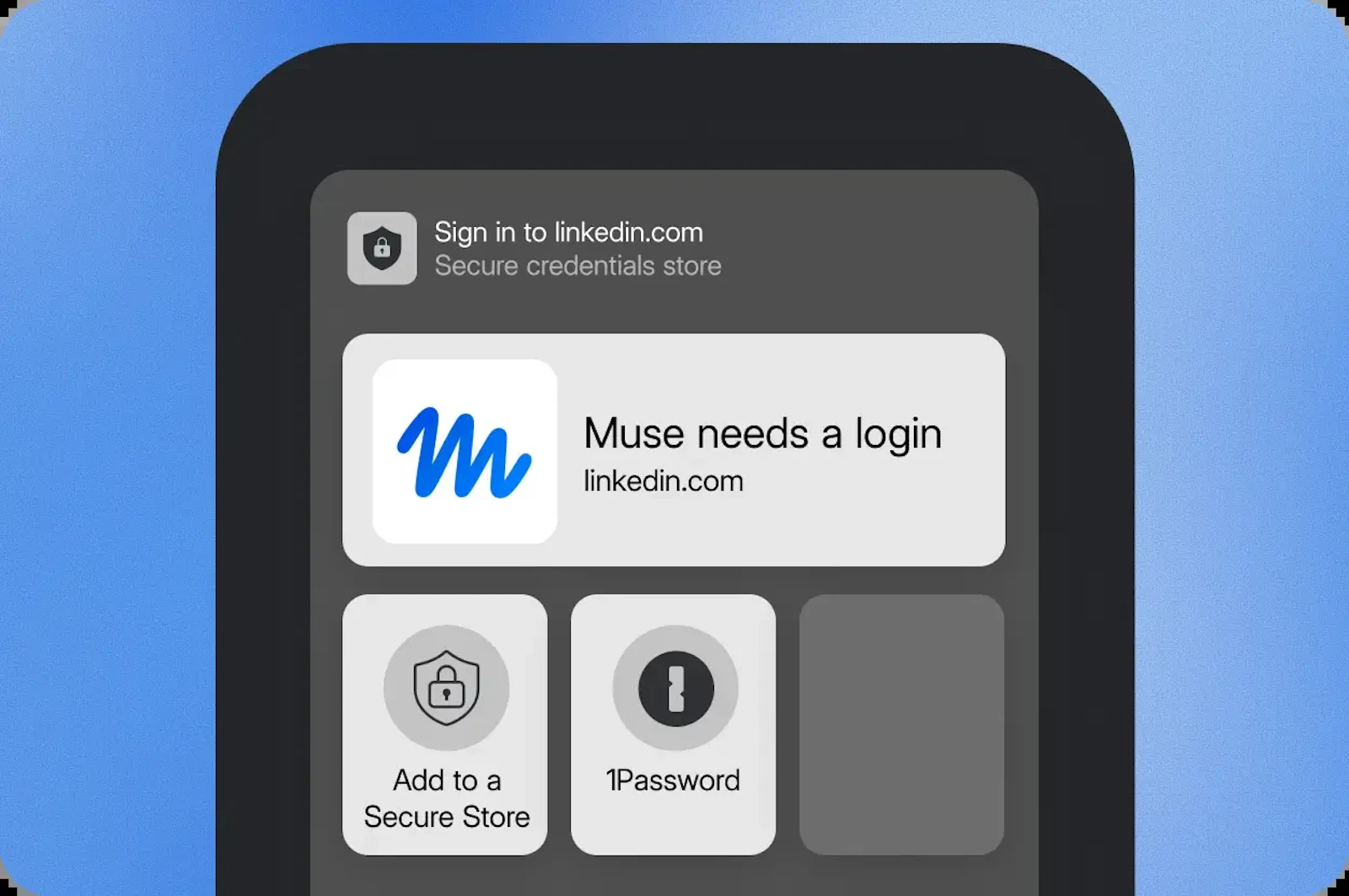 MuseがLinkedInへのログインを要求し、1Passwordを選択する公式UI説明図。