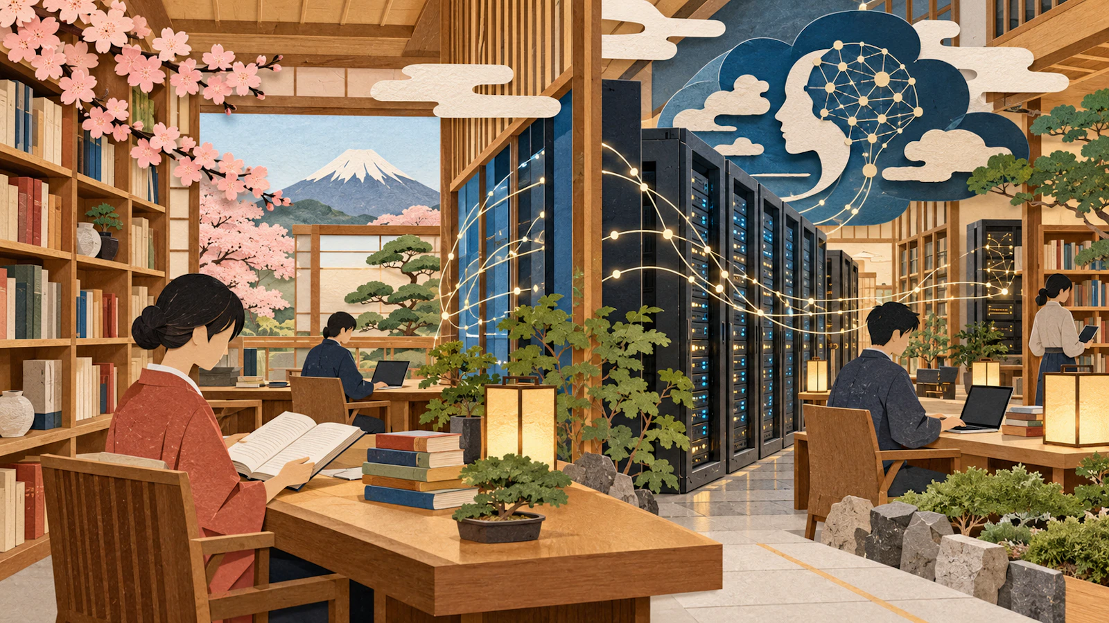 日本語資料と企業内の計算基盤を組み合わせた概念イラスト
