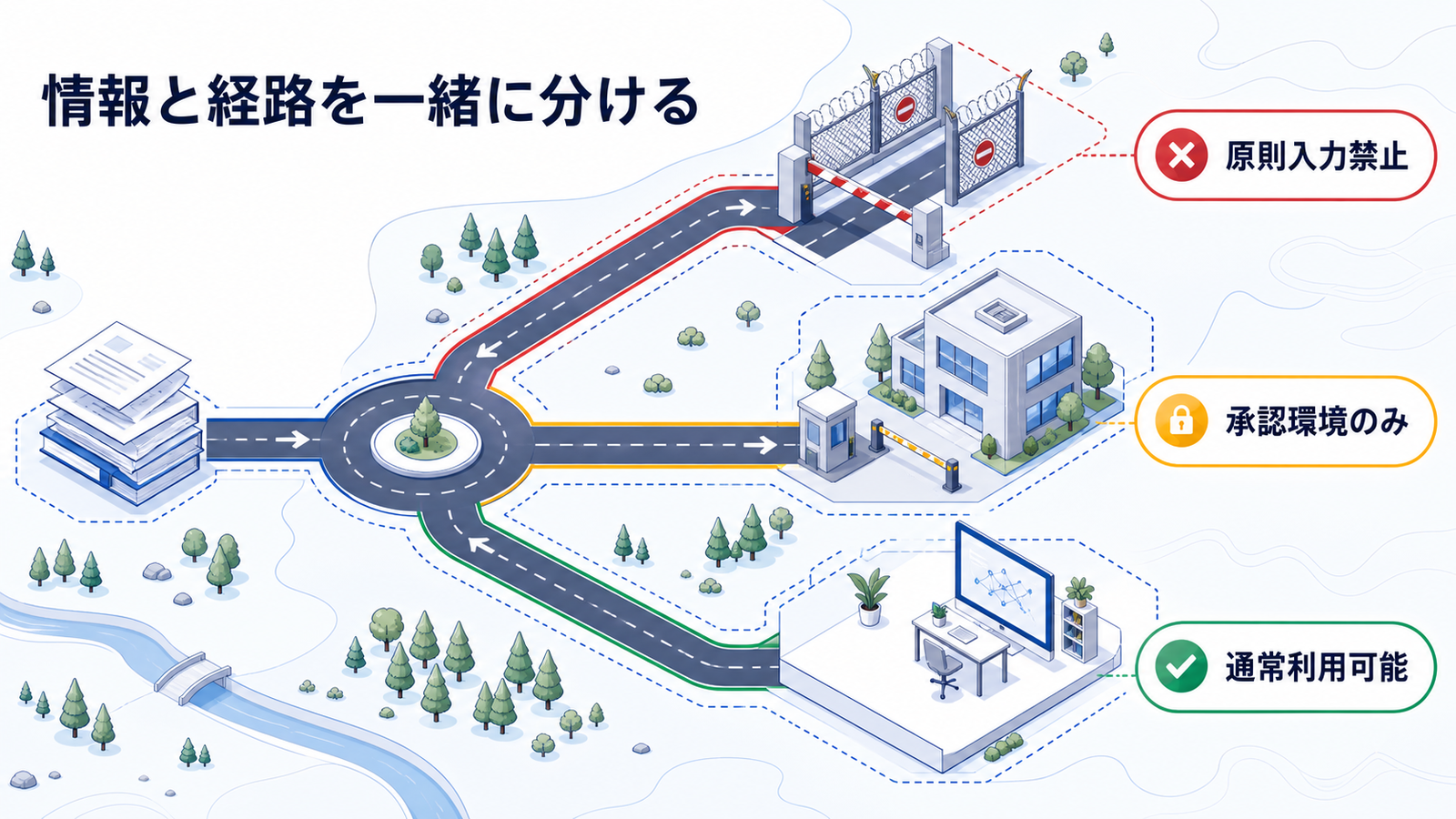 情報を原則入力禁止・承認環境のみ・通常利用可能の3経路へ分ける図