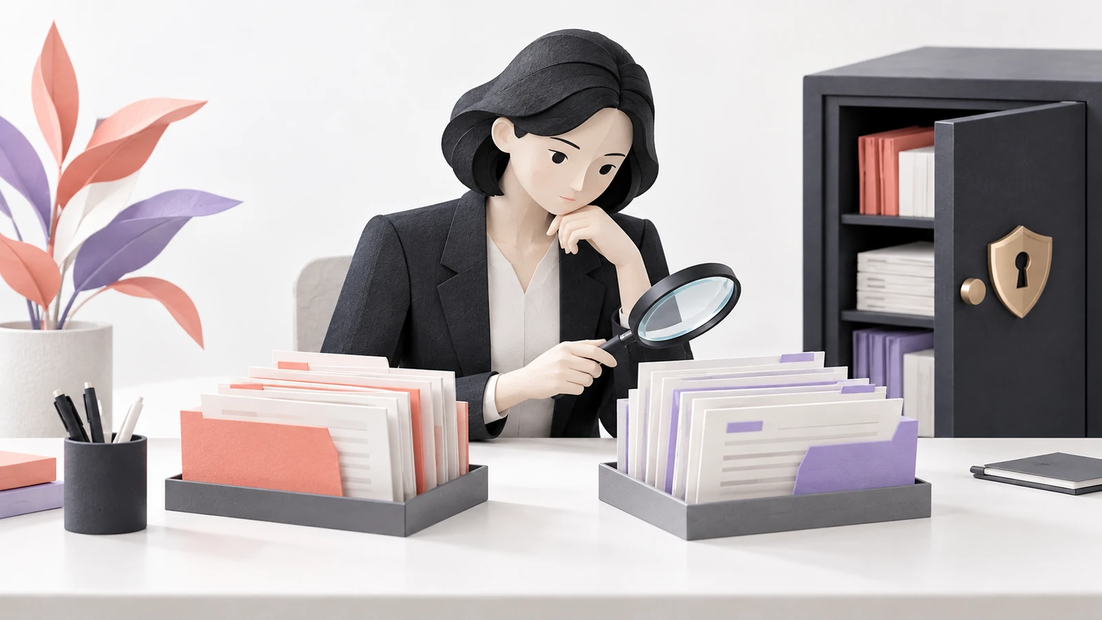 人が文書の判断結果を比較しデータ管理にも注意して検証する説明用の生成イラスト