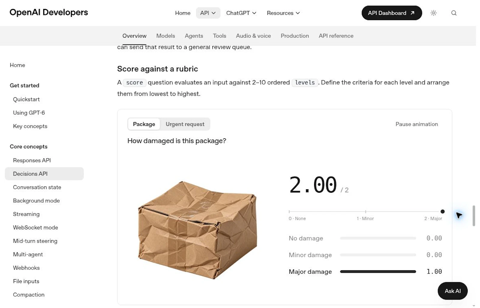 公式ドキュメントのscoreデモ。荷物の損傷度を段階的に評価する表示例。