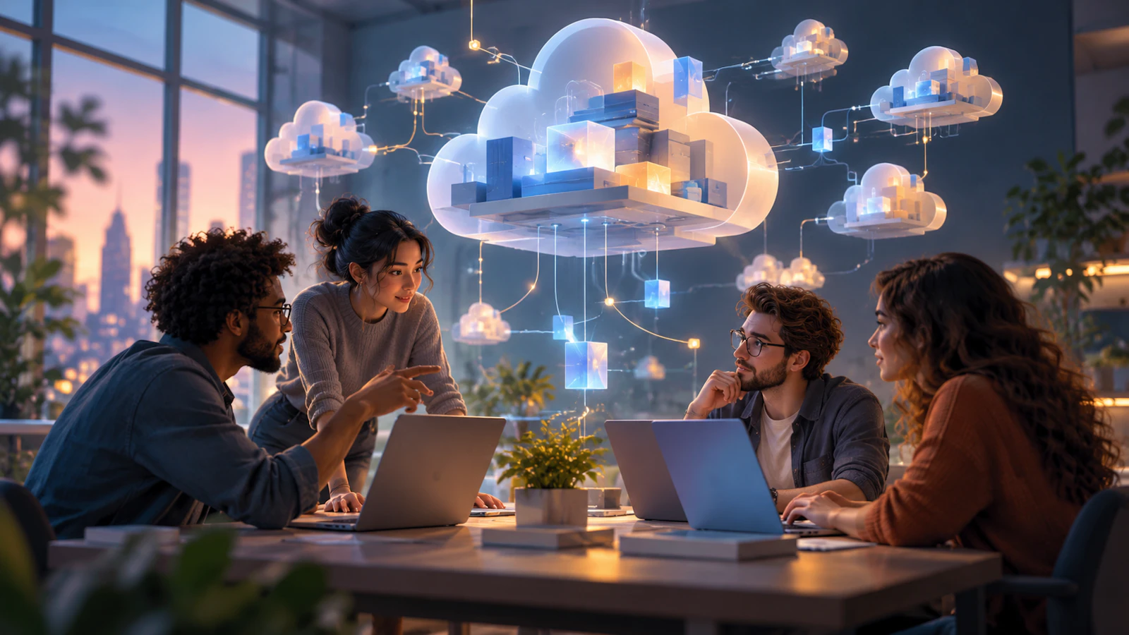 クラウドを介したソフトウェア開発の協働を描いたイラスト