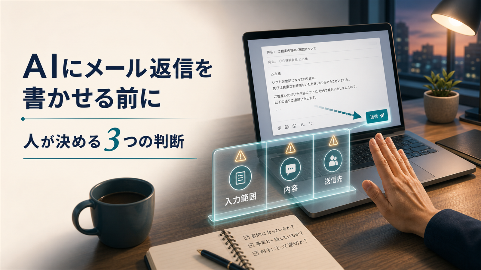 AIによるメール返信を送る前に人が入力範囲・内容・送信先を確認する判断ゲート