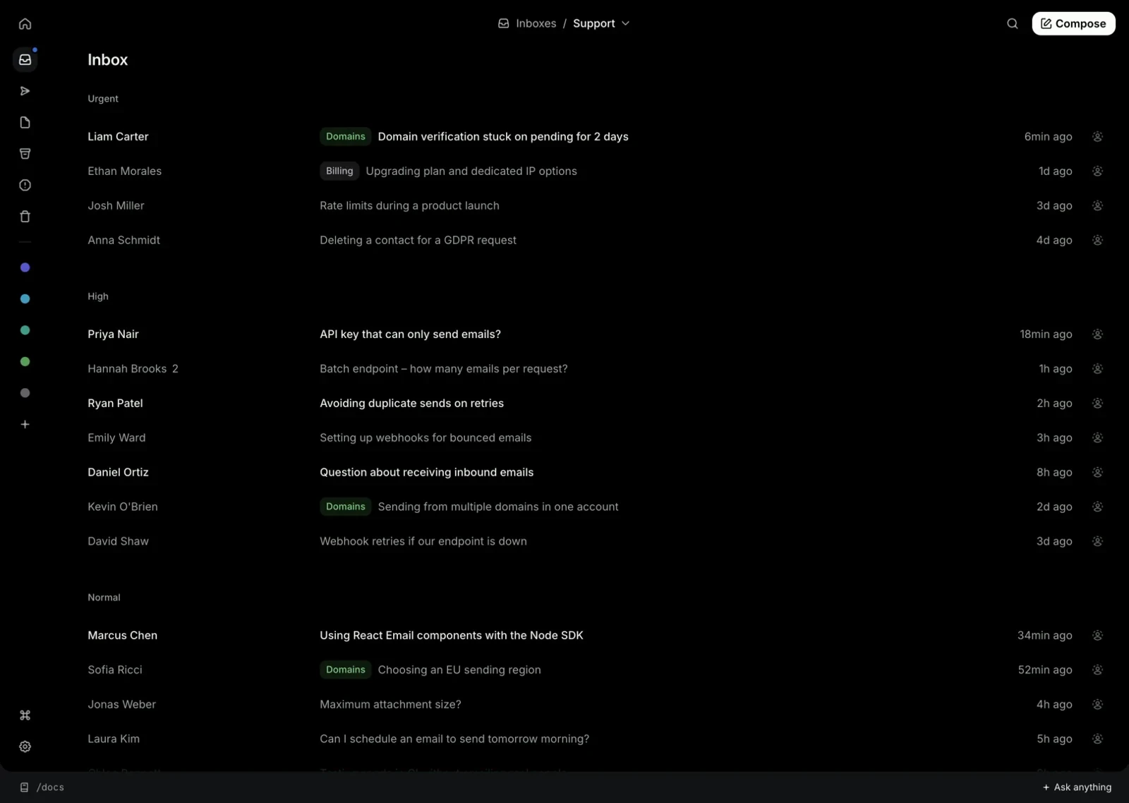 Resend Inboxesの公式デモ動画より(00:03)。サポート受信箱を優先度別に整理した一覧画面。