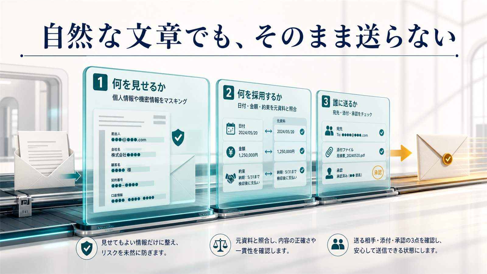 メールをAIに見せる範囲・採用する内容・送信先の3層で検査する図