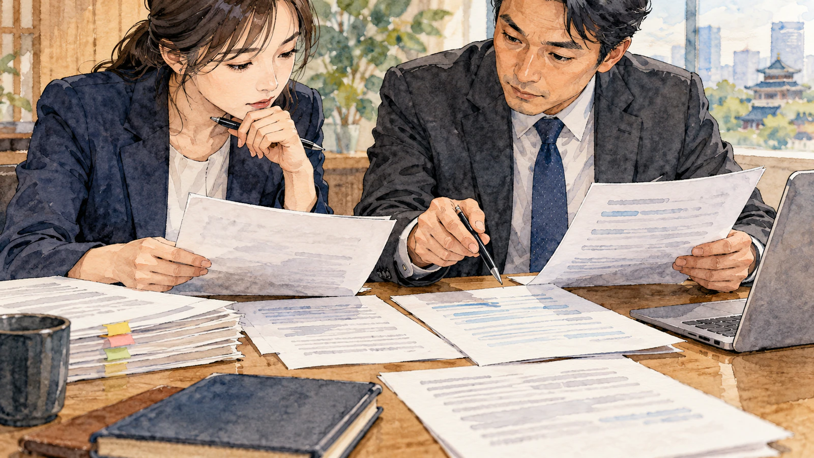 AIの要約を原資料と照合する担当者のイラスト