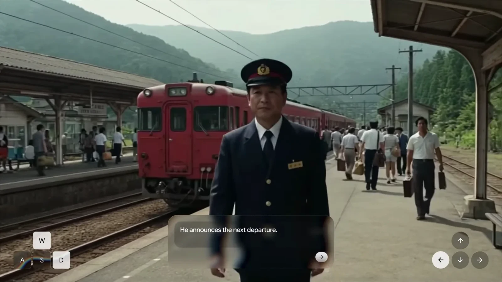 赤い列車と乗客がいる日本の駅