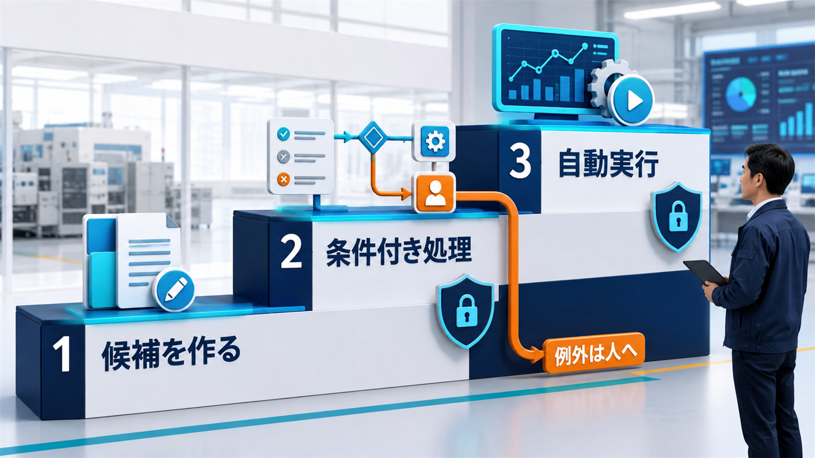 候補作成・条件付き処理・自動実行の3段階と例外を人へ戻す流れ