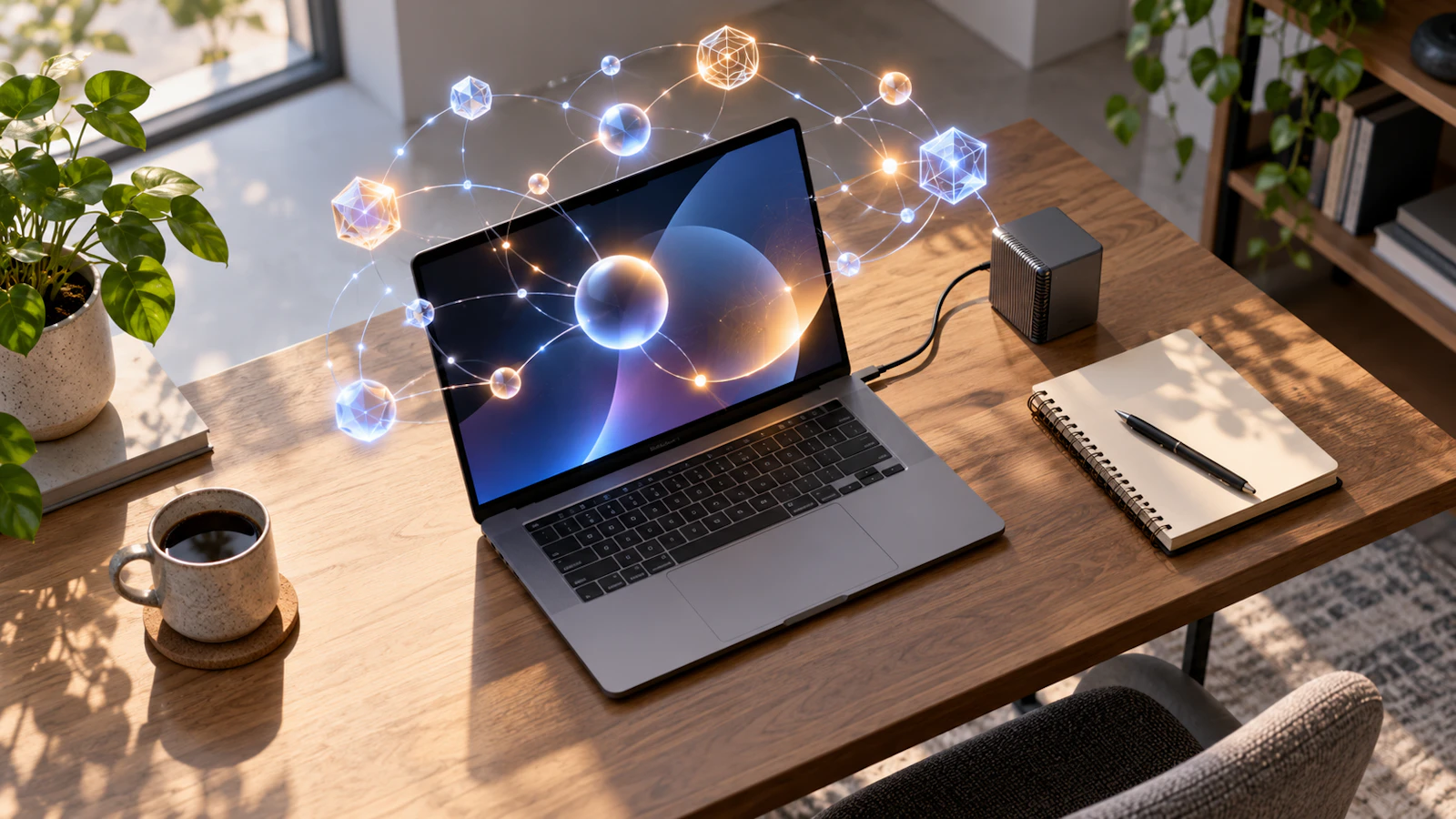 架空のノートPCと光のネットワークで表現したAI開発。AI生成のイメージです。
