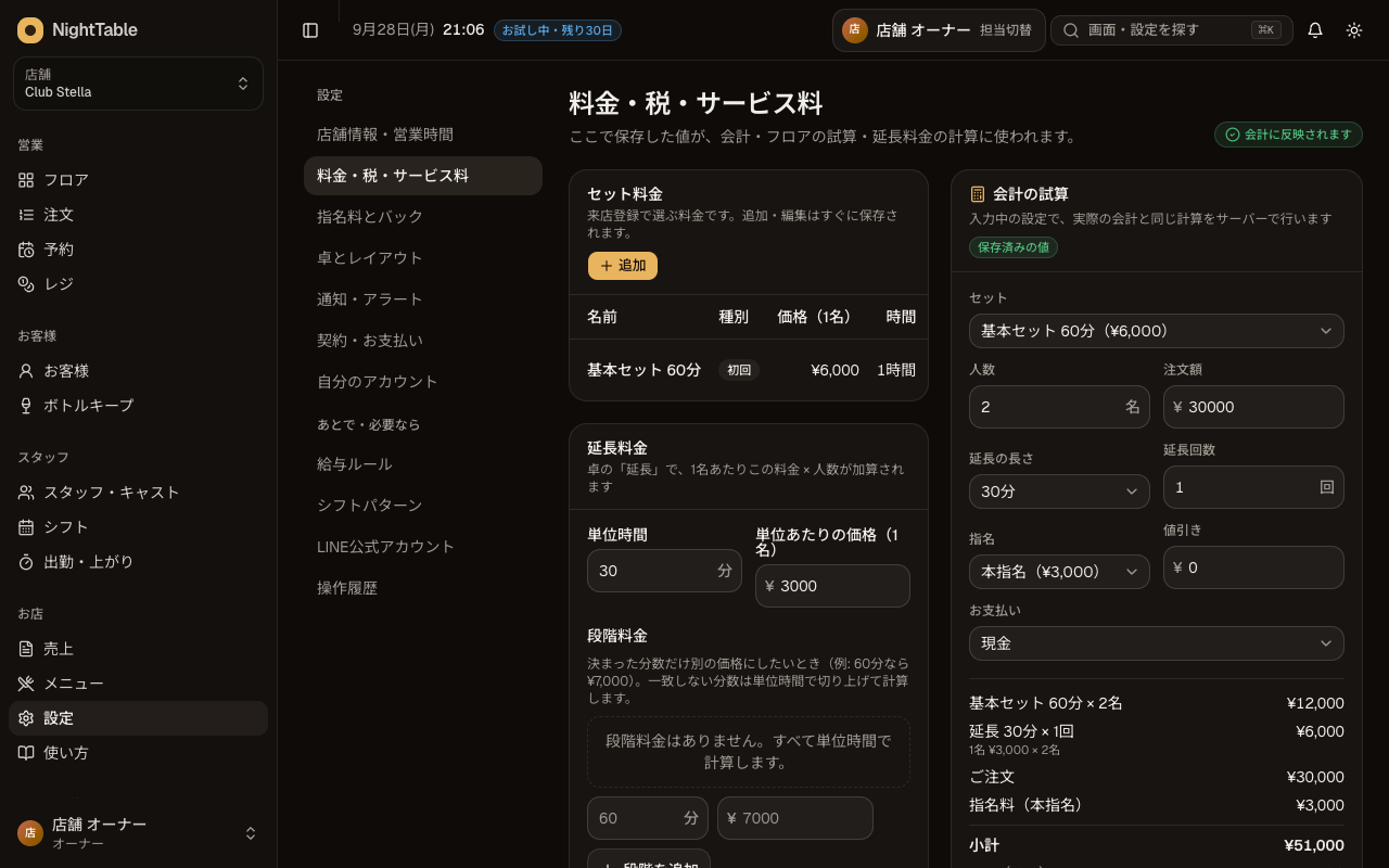 セット料金・延長・税・サービス料を設定するの画面