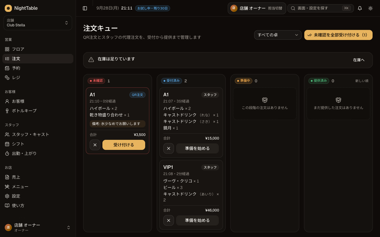 注文を入れる・未確認の注文を受け付けるの画面
