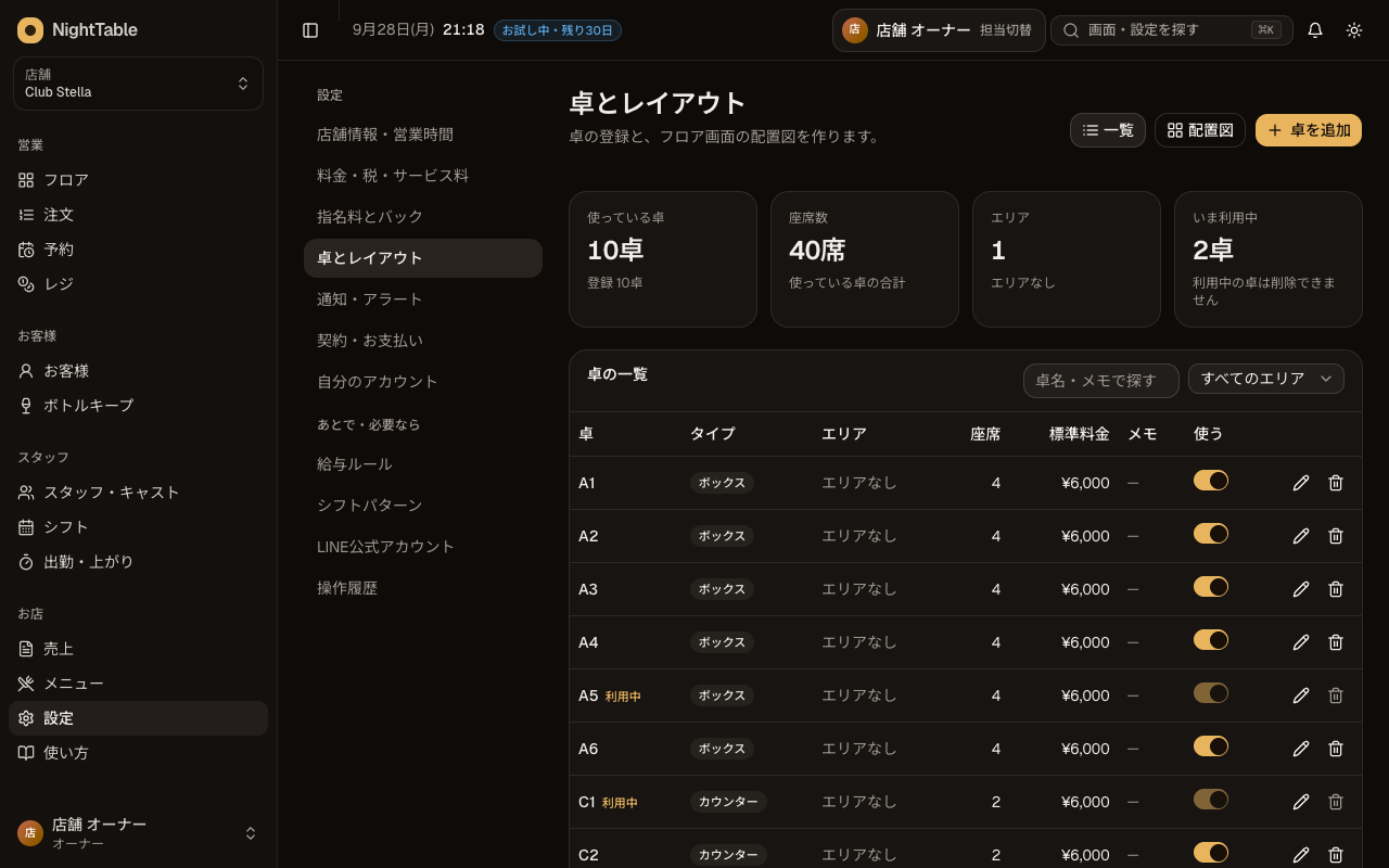 卓とレイアウトを設定するの画面