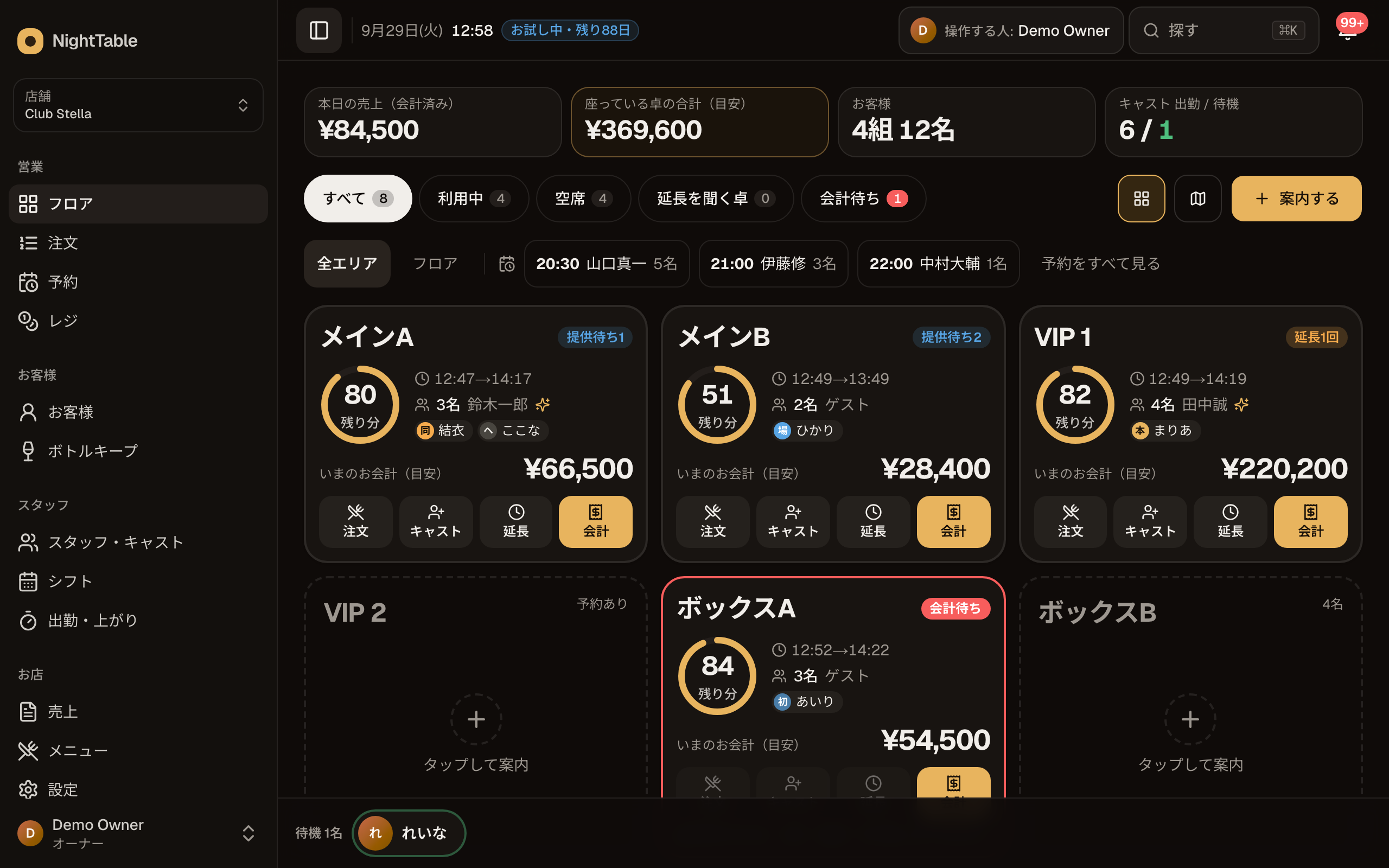 フロアの画面。使用中の卓ごとに残り時間・付いているキャスト・お会計の目安が並び、上に会計待ちなどの絞り込み、下に待機の人数が出ている