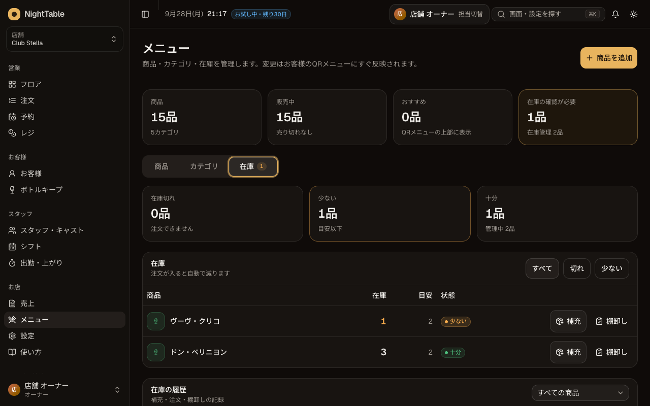 在庫を管理するの画面