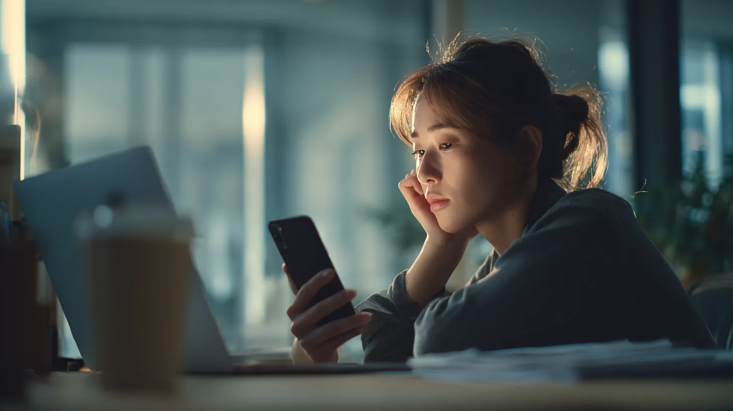 集中力を失いスマホに気を取られている女性の様子