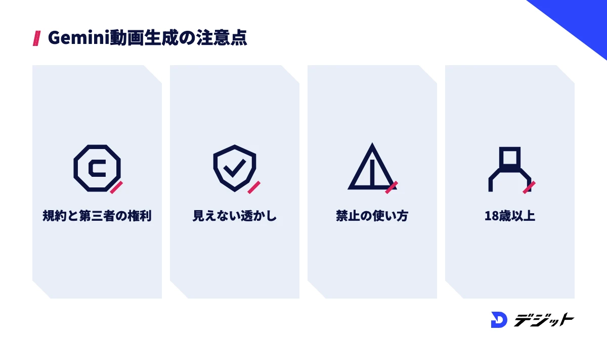 Gemini動画生成の注意点は、利用規約と第三者の権利、SynthIDの見えない透かし、禁止されている使い方、18歳以上という年齢の条件