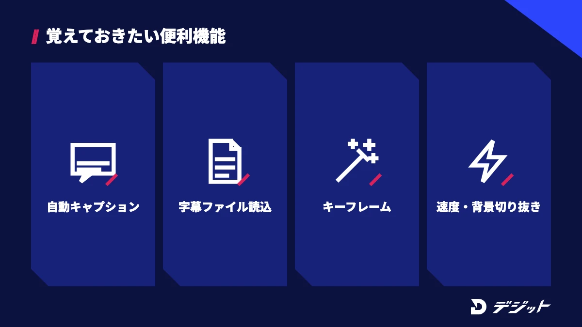 CapCut PC版の便利な機能4つ。自動キャプション、字幕ファイルの読み込み、キーフレーム、速度変更と背景の切り抜き