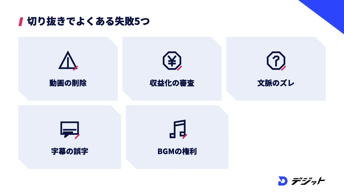 YouTube切り抜きでよくある失敗は、動画の削除、収益化の審査落ち、文脈のズレ、字幕の誤字、BGMの著作権の申し立ての5つ