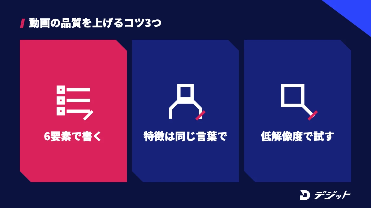 PixVerseで品質を上げるコツは6要素でプロンプトを書く、キャラクターの特徴を同じ言葉で書く、低い解像度で試してから本番を作るの3つ