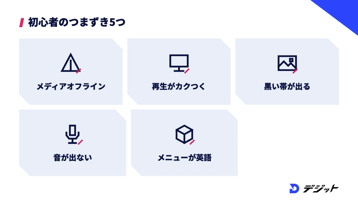 プレミアプロ初心者がつまずきやすいのは、メディアオフライン、再生のカクつき、黒い帯、音が出ない、メニューが英語の5つ