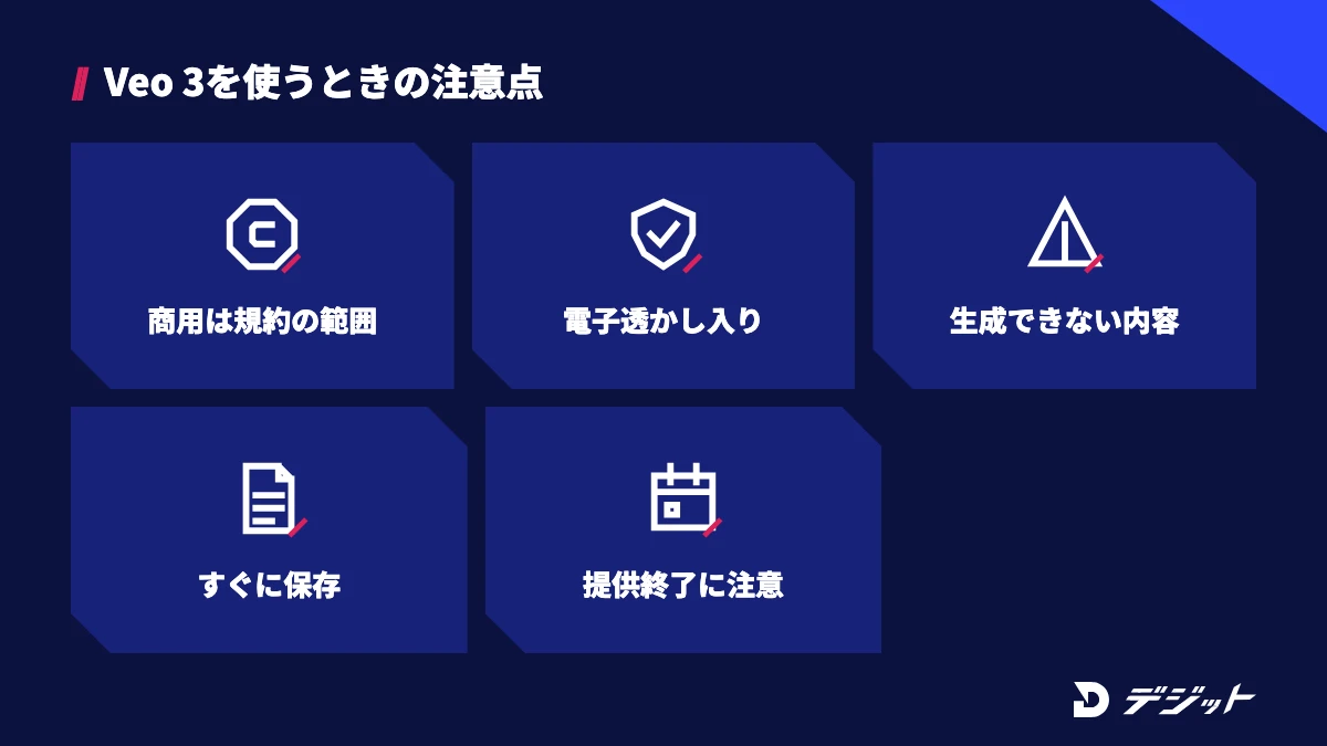 Veo 3の注意点。商用利用はGoogle利用規約の範囲で判断する、SynthIDの電子透かしが入る、生成できない内容がある、Gemini APIの動画はすぐ保存する、モデルの提供終了を確認する