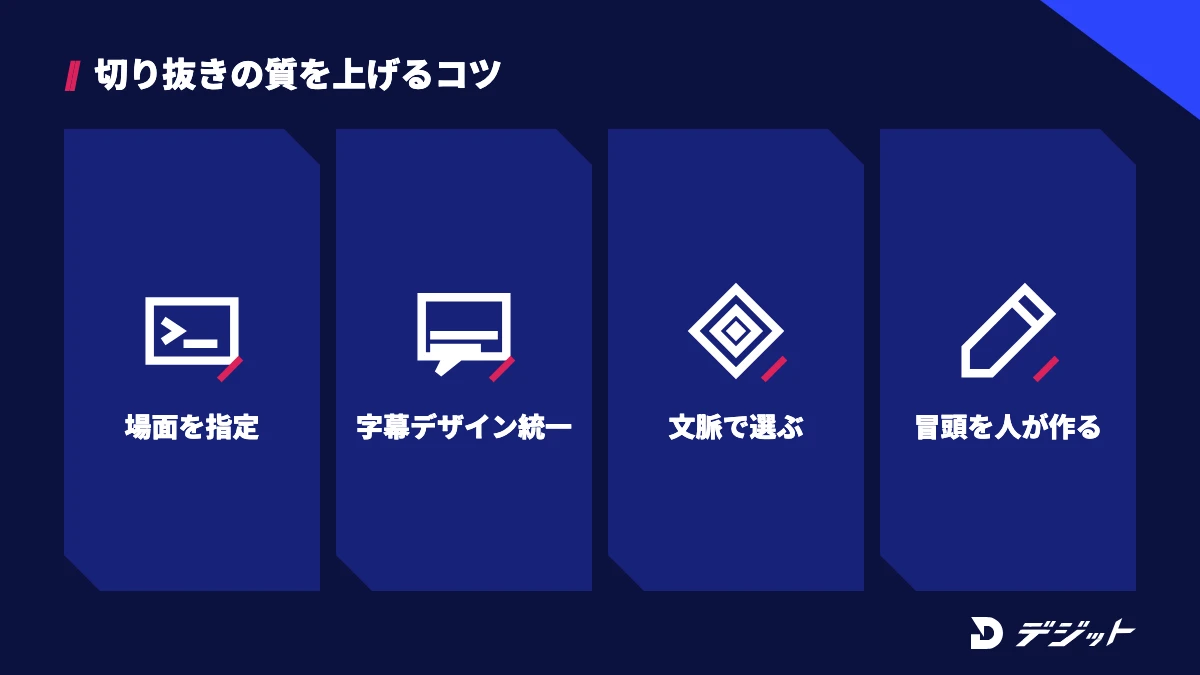 切り抜きの質を上げるコツは、プロンプトで場面を指定、字幕のデザインを統一、スコアより文脈で選ぶ、冒頭とタイトルを人が作るの4つ