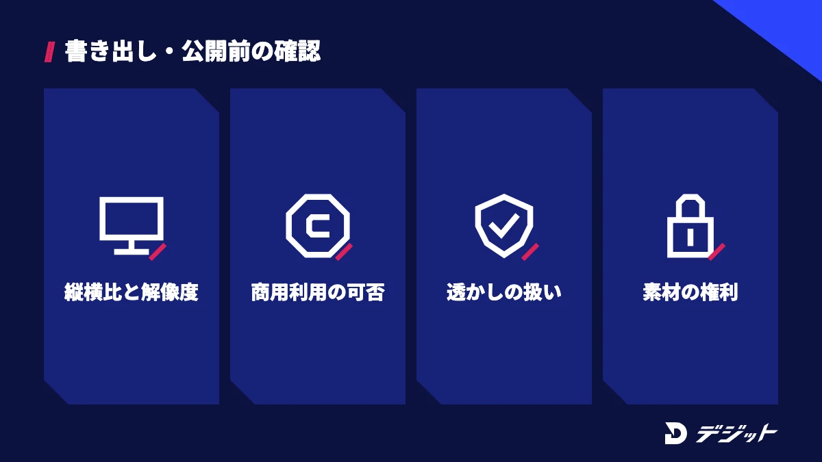 AI動画の書き出しと公開前の確認ポイント。縦横比と解像度、商用利用の可否、透かしの扱い、素材の権利