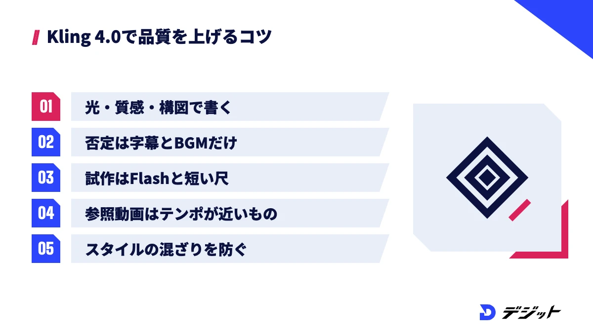 Kling 4.0で品質を上げるコツ。抽象語を光・質感・構図に置き換える、否定は字幕なしとBGMなしに絞る、試作はFlashと短い尺、参照動画はテンポが近いもの、スタイルの混ざりを防ぐ