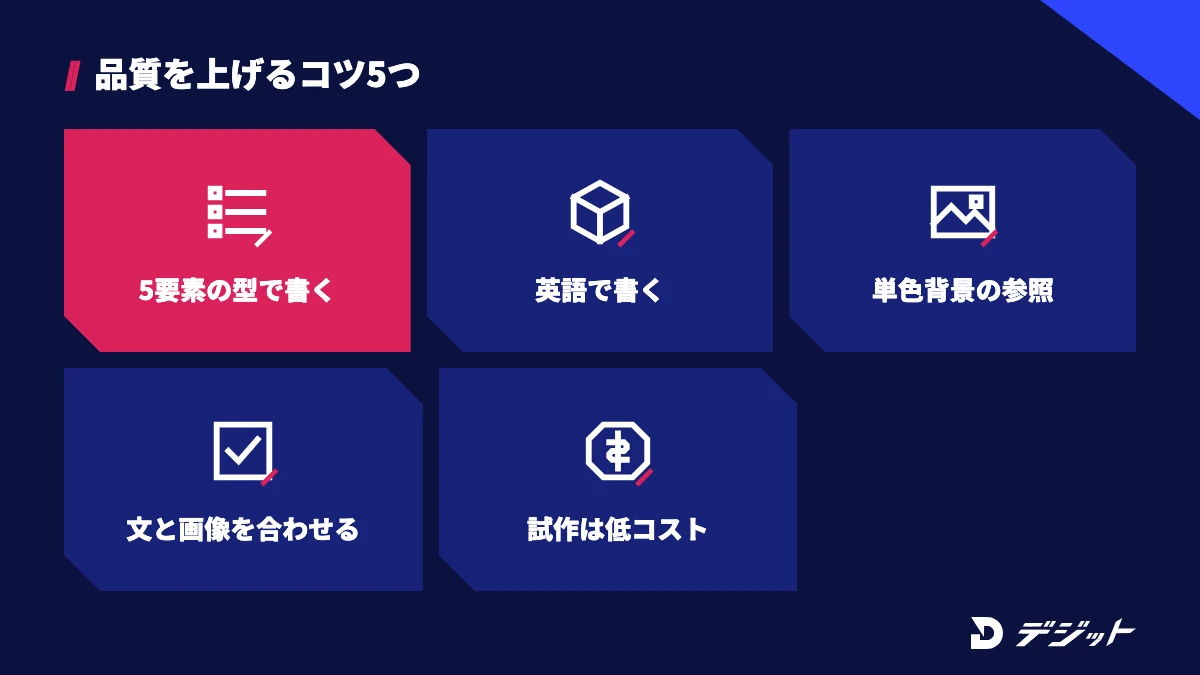Google Flowで品質を上げるコツ5つ。プロンプトを5要素の型で書く、英語で書く、参照画像は単色背景にする、テキストと画像を矛盾させない、試作は低コストのモデルで作る