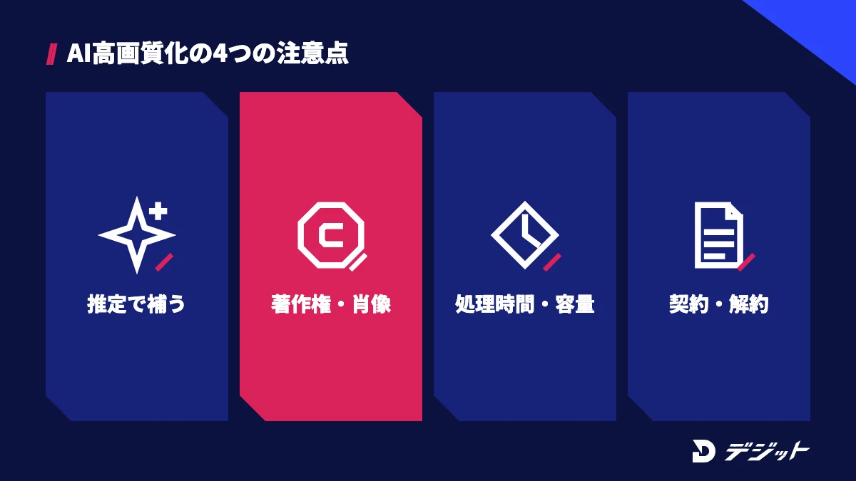 動画をAIで高画質化する際の注意点は、元にない情報を推定で補うこと、著作権と肖像、処理時間と保存容量、契約と解約の4つ