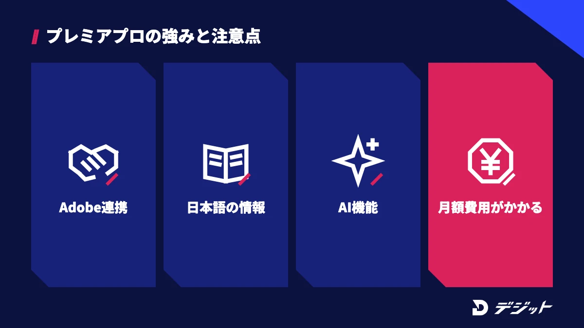 プレミアプロの強みはAdobe製品との連携、日本語の情報の多さ、AI機能。注意点は無料版がなく月額費用がかかること