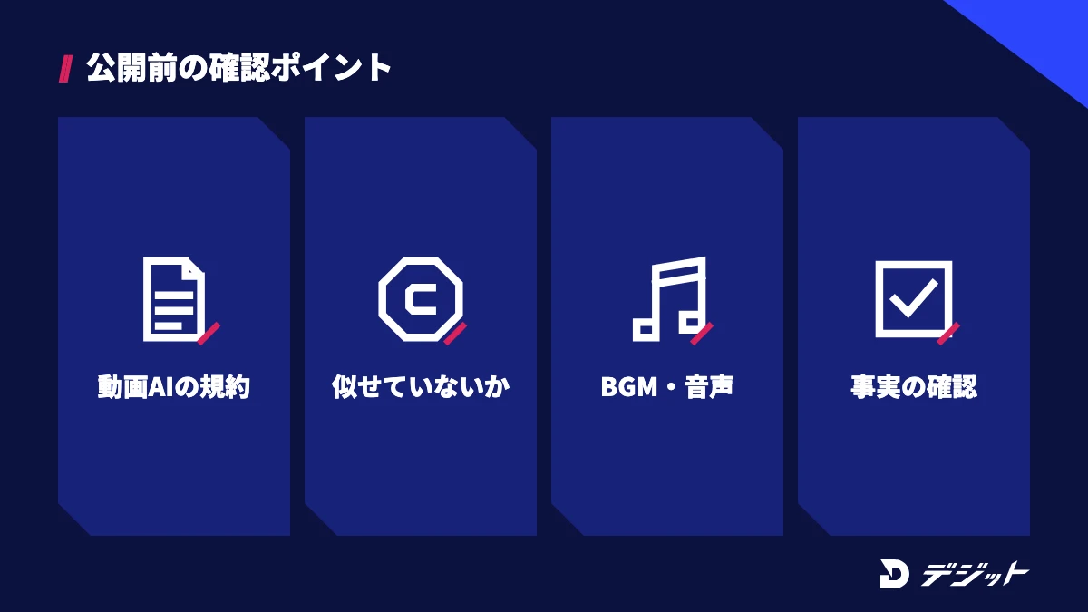 ChatGPT・Claudeで作った動画を公開する前に、動画生成AIの規約・既存の作品に似ていないか・BGMと音声の条件・台本の事実を確認する