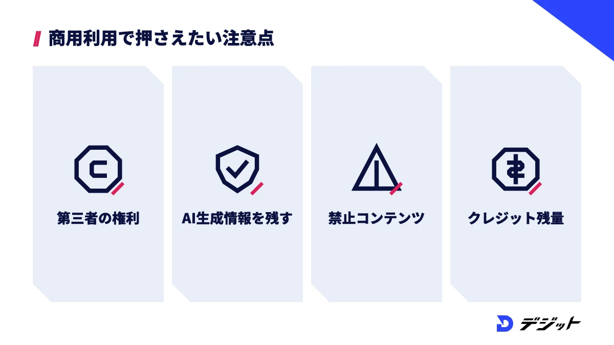 Adobe Fireflyの注意点は第三者の権利を侵害しない、Content Credentialsを消さない、禁止コンテンツを作らない、生成クレジットの残りを確認するの4つ