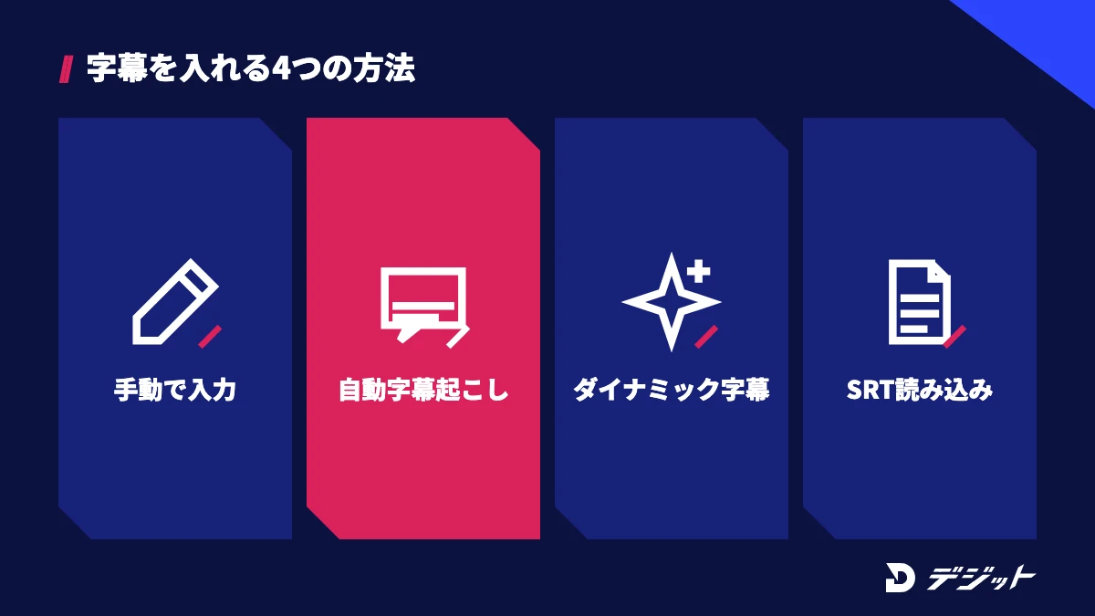Filmoraで字幕を入れる方法は、タイトルから手動で入力、自動字幕起こし、ダイナミックキャプション、SRTファイルの読み込みの4つ