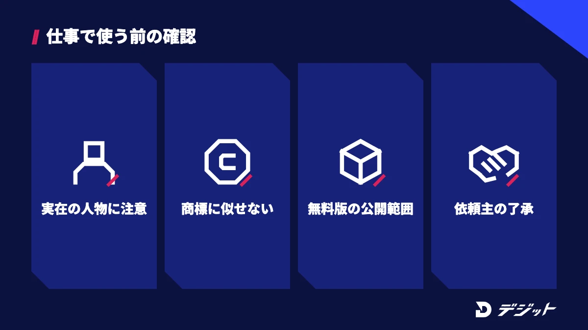 Krea AI・Ideogramの画像を仕事で使う前に、実在の人物やブランドに似ていないか、商標に似ていないか、無料版の画像が公開されていないか、依頼主がAI素材を了承しているかを確認する