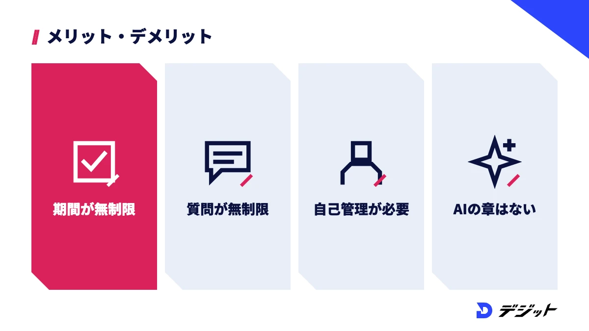 MovieHacksのメリットは受講期間と質問回数が無制限なこと、デメリットは自己管理が必要なことと動画生成AIの章がないこと