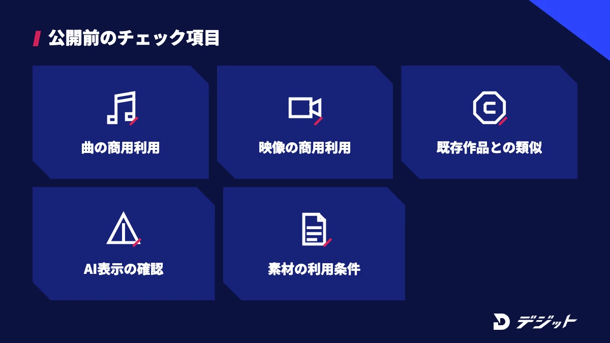 AI MVの公開前に確認する項目は曲と映像の商用利用、既存作品との類似、AI表示の要否、フォントなど素材の利用条件